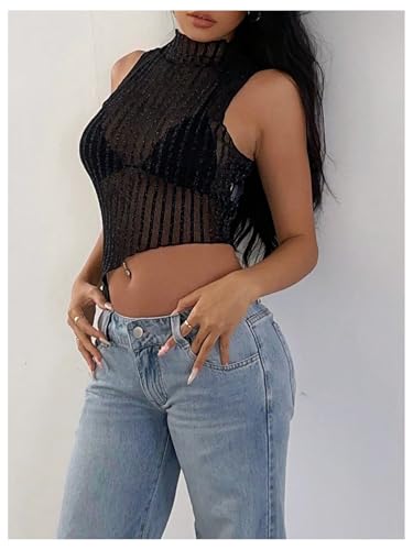 Milumia Women's Glitter Sheer Mesh Top Mock Neck Asymertrical See Through Crop Tops Clubbing Rave3