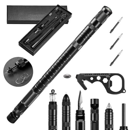 Multi-Functional Survival Tactical Pen 11-in-1 Includes Umbrella Rope Utility Knife Whistle & Fishing Tools Emergency Safety Kit for Hikers Campers Anglers
