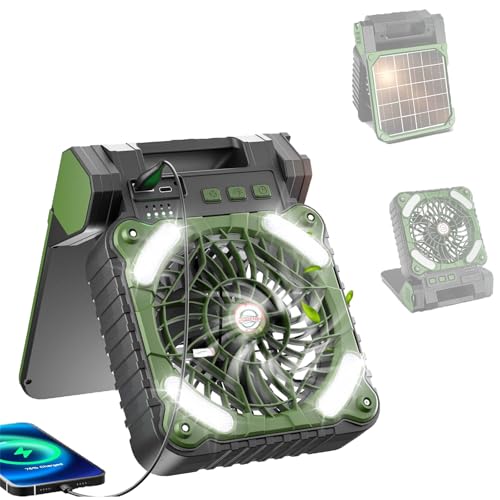 Solar Powered Camping Fan with LED Lantern, 10000mAh Portable Rechargeable Desk Fan for Camping, Cordless Desk Cooling Fan with 3 Timer & PowerBank for Travel Tent Worksite