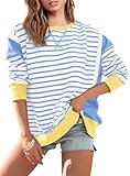 Yousify Long Sleeve Shirts for Women Sweatshirts no Hood Crewneck Striped Pullover Tops Sky Blue M