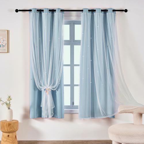 Image of indistar Star Cutout Kids Window Blackout Curtains for Girl Bedroom Window Room Darkening Curtains & Drapes Baby Nursery Curtains (2 Panel,35Wx63L inch,Sky Blue)