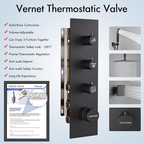 Image of Shower System with Body Jets, 16 inch Ceiling Rainfall Showe Jets System with Handheld Multiple Shower Head System(Can All Run One Time) Thermostatic Shower System with Valve and Trim