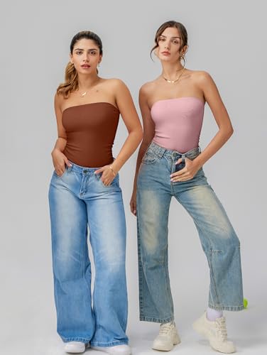 Image of OQQ Womens Tube Bodysuits Strapless Basic Sleeveless Ruched Stretch Classic-Fit Tops Sexy Bodysuits