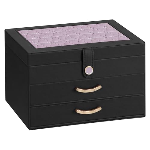 Enthralite Black Jewelry Box Organizer: Home Decor for Women - 2-Drawer Holder for Valentine’s Day Birthday Christmas Black Grey-Purple