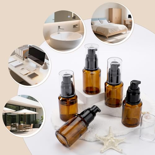 Image of Segbeauty 1oz Refillable Lotion Bottle with Pump, Pack of 5 Frosted Travel Glass Bottles Creams Lotion Containers Foundation Bottle for Travel Size, 30ml Makeup Pump Dispenser for Toiletries Amber