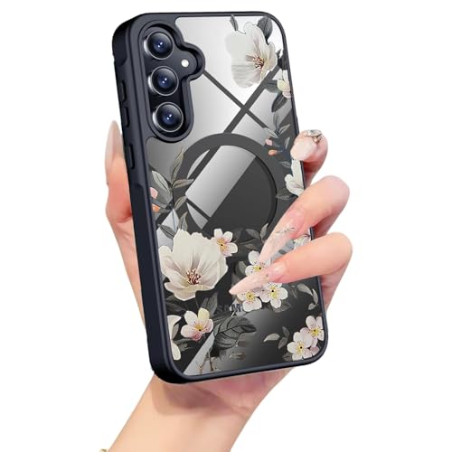 Image of VONZEE Compatible with Samsung Galaxy A16 5G Case Luxury Retro Flowers Floral Clear for Magnetic Wireless Charging Case Shockproof PC+TPU Cute Glossy Shiny Cover for Girls Women, Black