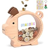 Wooden Piggy Bank for Kids Cute Money Bank for Boys and Girls Clear Wood Money Box Personalized Saving Money Jar, Creative Present for Children Birthday Chrismas & Decor (Naturl Wood, Standard)