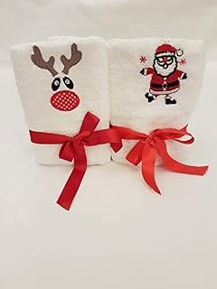 Lex's Linens Set of 2 Embroidered Rudolph & Santa Guest Towels (1 of Each)