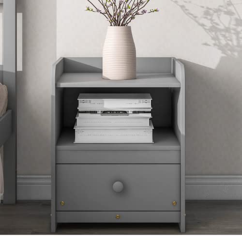 2 Piece Twin Bedroom Set, Twin Bed W/ Matching Nightstand, Wood Bed Frame W/ Headboard And Footboard, Twin Bedroom Furniture Sets For Boys And Girls, Twin Bed W/ Slats, No Box Spring Needed, Grey #TOP2