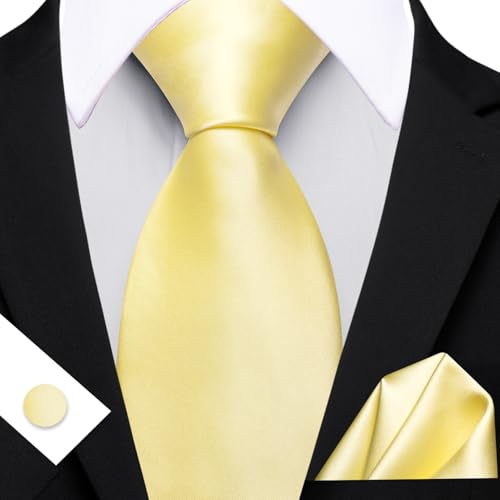 Image of Barry.Wang Plain Men Silk Ties Extra Long Satin Necktie for Wedding Business Handkerchief Cufflinks Set Solid Colors