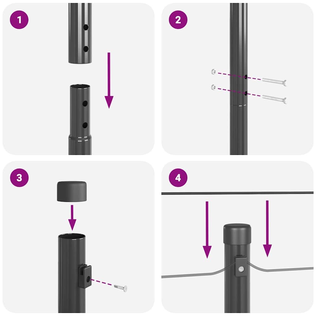 Mangloder - Postes de valla incrustados de acero con recubrimiento en polvo, 52 unidades, color gris, con tapas de plástico y elementos de fijación para jardín, terraza y exteriores para limitar la
