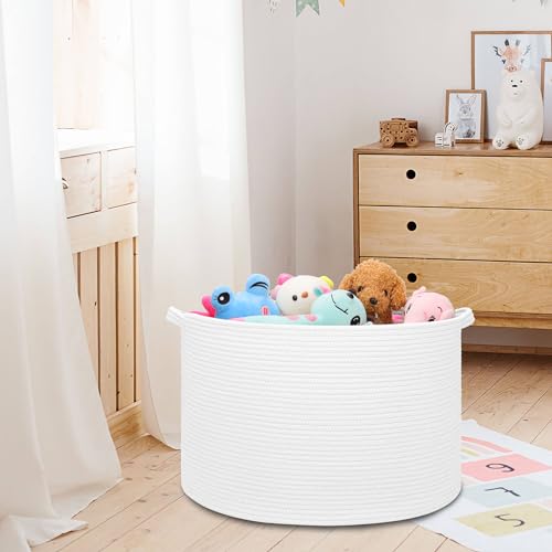 Image of Extra Large Blanket Basket 87L, Laundry Hamper, Baby Nursery Hamper for Storage Toys Clothes Towels, Large Cotton Rope Laundry Basket for Girls Boys, 22 inchx 14 inch, White