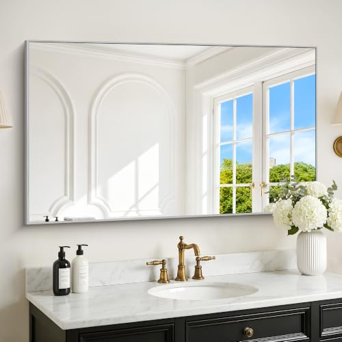 Image of DESBING 30 inch x 48 inch Bathroom Mirror, Silver Metal Frame Wall Mirror