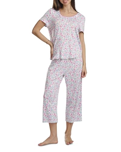 Karen Neuburger Womens KN Cool Scoop Neck Tee and Crop Pant Pajama Set with Picot Trim Ditsy Pop Medium