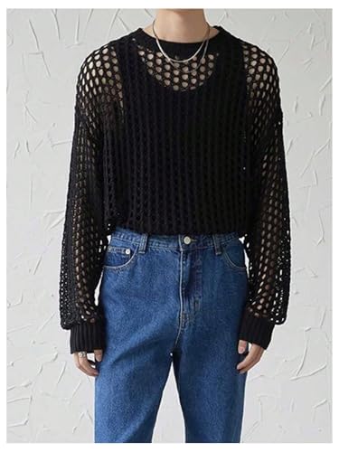 Floerns Men's Hollow Out Long Sleeve Sweater See Through Rave Outfit Knit Pullover Tops2