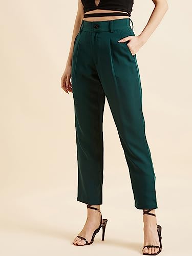 Image of PANIT Women Green Relaxed Straight Fit High-Rise Wrinkle Free Pleated Trousers