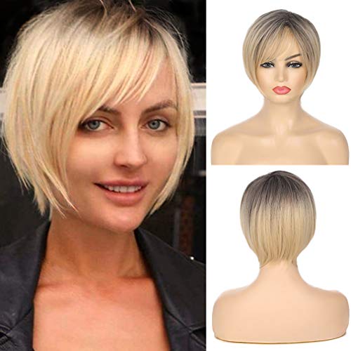 Swiking Ombre Blonde Short Bob Wig Straight Dark Roots Wig with Bangs for Women Natural Synthetic Hair Daily Party Full Wigs