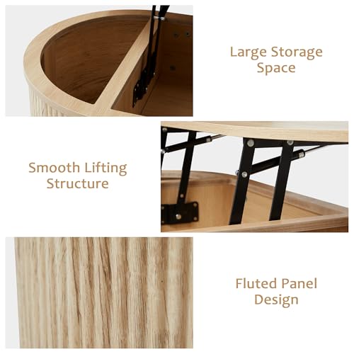 Image of QHITTY Fluted Coffee Table with Lifting Top, Oval Wood Lift Top Coffee Table with Hidden Compartment, Mid Century Pull up Center Tables for Living Room, Office - Natural
