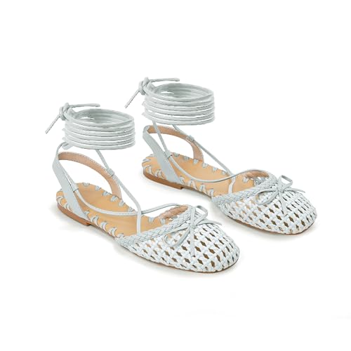 Image of Woven Ballet Flats for Women Lace Up Closed Square Toe Summer Sandals Dressy Shoes