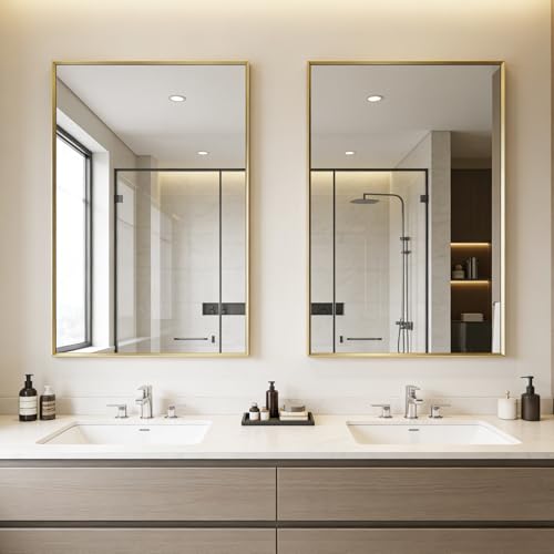Image of Bathroom Mirror for Wall, 36x24 Inch Framed Vanity Mirror Brushed Gold