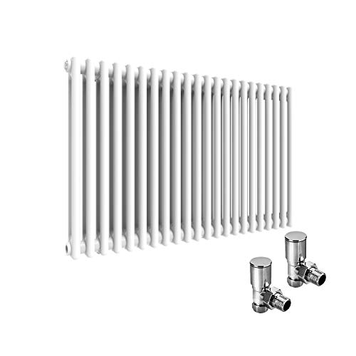 ELEGANT Traditional Cast Iron Style 2 Column Horizontal Central Heating Double Bar Colosseum Designer Radiators White 600 x 988 mm with Valves Chrome