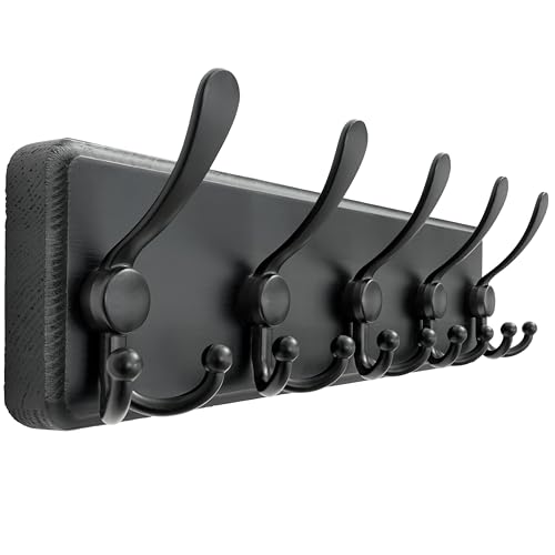 Dseap Coat Rack Wall Mounted - 5 Tri Hooks, Heavy Duty, Wooden Wall Coat Hanger Coat Hook for Clothes Hat Jacket Clothing, Black