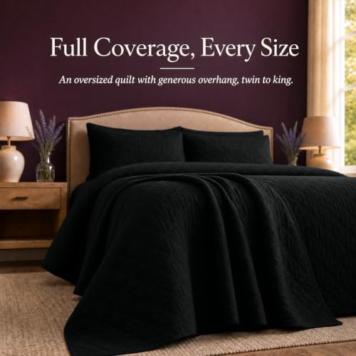 King Quilt Bedding Set - Cloud Soft All-Season Bedspread 3 PC w/Shams, Bed Quilt King Size Coverlet - Oversized, Light Weight, Ultra Durable, Easy Care - 106 x 96 in (Black) — view 4