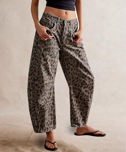 Mid Rise Leopard Print Barrel Jeans for Women Stylish Boyfriend Wide Leg Baggy Denim Pants Trendy Printed Pants2