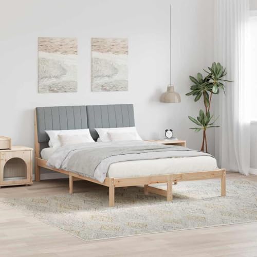 Bucmath Marco de cama de madera de pino marrón 135 x 190 cm, cama de madera maciza con cabecero acolchado, somier de láminas resistente para dormitorio, cama de plataforma duradera