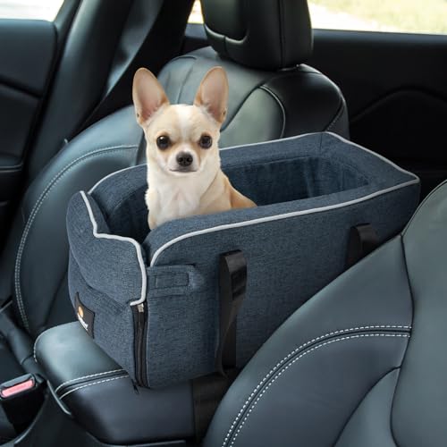 Veehoo Center Console Dog Car Seats for Small Dogs Up to 12lbs, Soft Foam Center Console Dog Booster Seat, Fully Detachable & Washable Pet Seat for Puppy, Cats, Rabbits, Portable for Car Travel, Blue