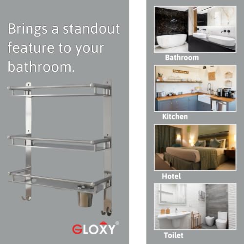 Image of GLOXY Premium Stainless Steel 3 Tier Bathroom Organizer Shelf - Wall Mount Bathroom Shelf with Tumbler Toothbrush Holder & Heavy Duty Multipurpose Hooks with Chrome Finish Bathroom Accessories