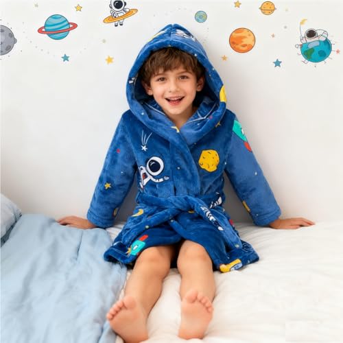 Image of Boys Girls Bathrobes,Toddler Boy Girl Robes,Children's Plush Soft Coral Fleece Hooded Pajamas Sleepwear for Kids