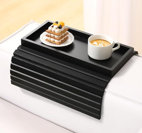 Kssiaz Sofatablett Armlehne Bambus Sofa Tablett Sofa Ablage Faltbares Couch Tablett Armlehne Rutschfestes Sofa Armlehnentablett Sofatablett mit Getränkehalter für Snacks/Handy/Tassen Schwarz