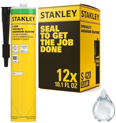 Stanley S420 Aquarium Silicone Sealant Clear - 12x10.1 Fl. Oz. Fish Tank Safe, Waterproof Bond to Glass, High Elasticity, Non-Toxic Aquarium Sealer for Freshwater & Saltwater | 12 Pack