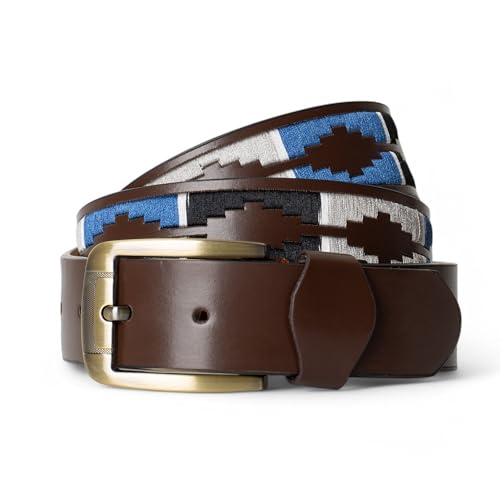 Winston Hide Cinturones de cuero para hombre, cinturón de diseñador bordado marrón y negro para hombre, cinturón polo de cuero genuino marrón con costuras elegantes y coloridas para hombre, azul