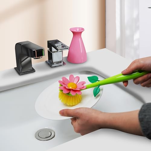 Image of Long Handle Flower Pot Brush, Florganic Dish Brush with Vase, Long Handle Dish Brushs Kitchen, for Cleaning Pot Pan Sink Kitchen Supplies Decorative Vase (2Pcs Pink)
