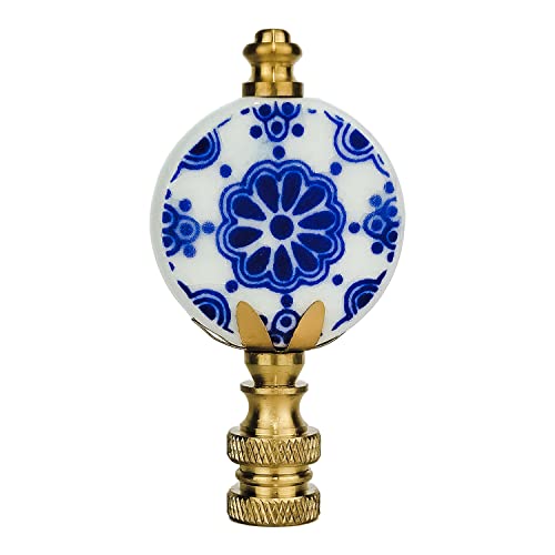 Image of Royal Designs, Inc. Crackled Round Disk Blue & White Accent Finial for Lamp Shade, F-5302PB-1, Polished Brass - Pack of 1