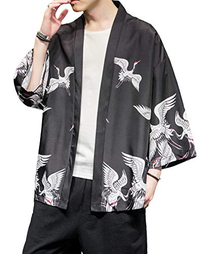 Image of PRIJOUHE Men's Japanese Kimono Cardigan Jackets Casual Long Sleeve Open Front Coat Lightweight Yukata Outwear