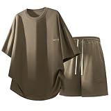 [Breelay] 夏服 メンズ 上下セット Tシャツ 半袖 大きいサイズ 無地 人気 2点セット カジュアル セットアップ ゆったり おしゃれ 上下スウェット 快適 メンズ tシャツ coffe M