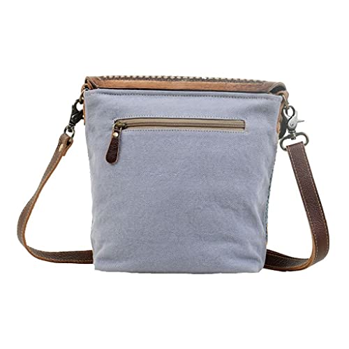 Myra Bag Blue Feather Hand-Tooled Bag Upcycled Cotton & Leather S-30583