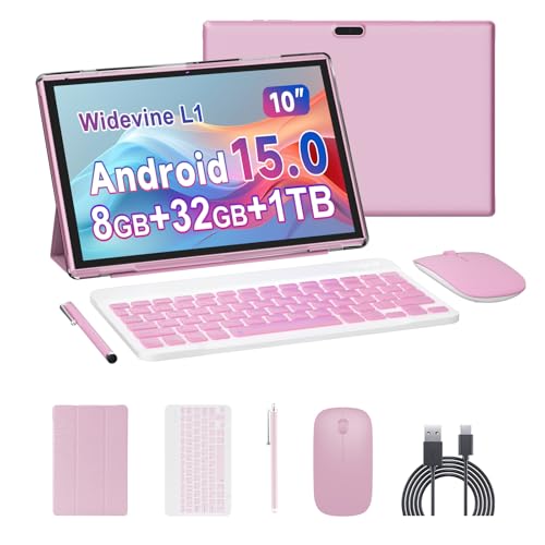 ATOZEE Tableta 2 en 1 Android 15 tabletas con teclado de 10 pulgadas, incluye funda para lápiz capacitivo de ratón, 6000 mAh, 8 GB de RAM, 32 GB de ROM, 1024 GB, tableta expandible, cámara dual de 2