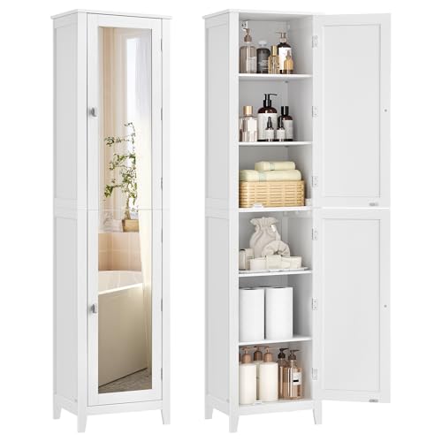 VASAGLE Armario Alto de Baño con Espejo de Cuerpo Completo, Mueble de Baño con Estantes Ajustables, 30 x 40 x 160 cm, para Espacio Pequeño, Salón, Pasillo, Blanco Nube BBC764WH01