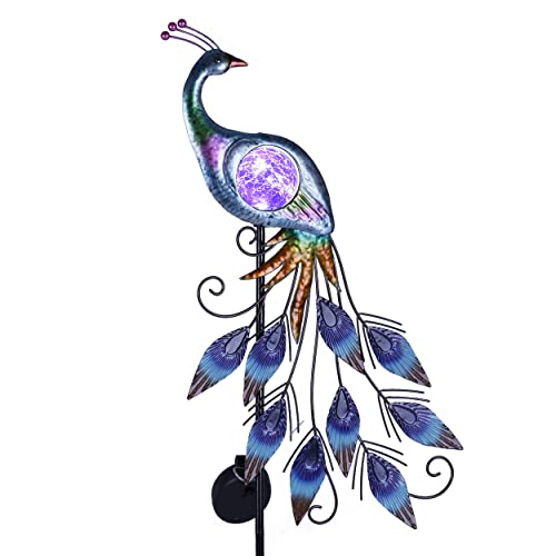 TERESA'S COLLECTIONS Yard Decorations Outdoor for Garden Decor, Peacock Solar Outdoor Lights, 35.4'' Metal Lawn Ornaments for Outside with Crackle Glass Ball, Decorative Stake Gifts for Mom