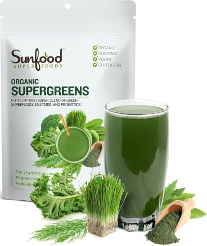 Sunfood Superfoods Organic Supergreens Blend - Greens Superfood Powder, Daily Green Juice Powder, Vegetable Smoothie Drink Mix with Chlorella, Spirulina, Alfalfa, Kale, & More - 8 oz Bag