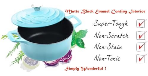 Image of La Cuisine Enameled Cast Iron Dutch Oven Casserole Pot with Lid, Internal Matte Black Enamel Coating for bread baking 5 QT 10.5 inch / 26cm O, For GalssTop Stove, Oven-Safe, Teal