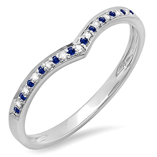 0.10 Carat (Ctw) 14K White Gold Plated Round Blue Sapphire & White Diamond Ladies Wedding Stackable Band Anniversary Guard Chevron Ring 1/10 CT