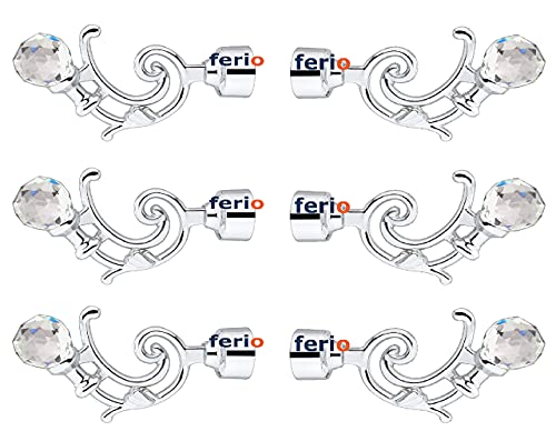 Image of FERIO Chrome Finish Zinc and Diamond Curtain Finials for Door and Window Accessories 1 inch Rod Set of 3 (6 Pcs) Curtain Brackets /Holders for Home Parda