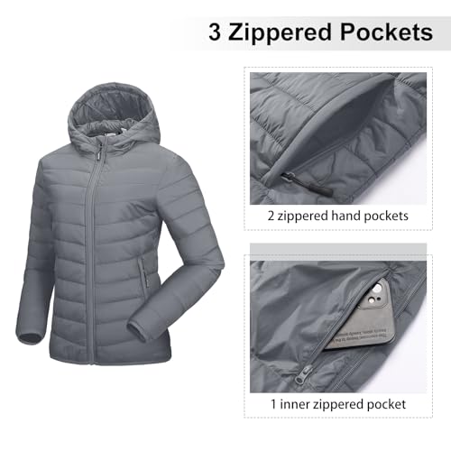 Image of Outdoor Ventures Women's Packable Lightweight Full-Zip Puffer Jacket with Hood Quilted Winter Coat