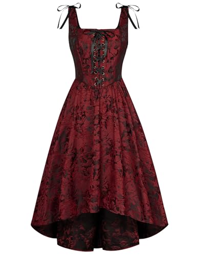 SCARLET DARKNESS Steampunk Kleid Damen High-Low Saum Lace-up vorne Ärmellos Party Spaghettiträger Kleider Weinrot 44