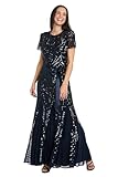 R&M Richards Women's One Piece Short Sleeve Embelished Sequins Gown Dress, Navy, 14